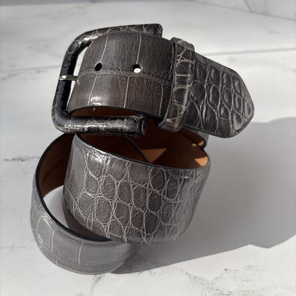 W.KLEINBERG Gray Leather Embossed Crocodile Pattern Wide Belt Covered Buckle L main image 6